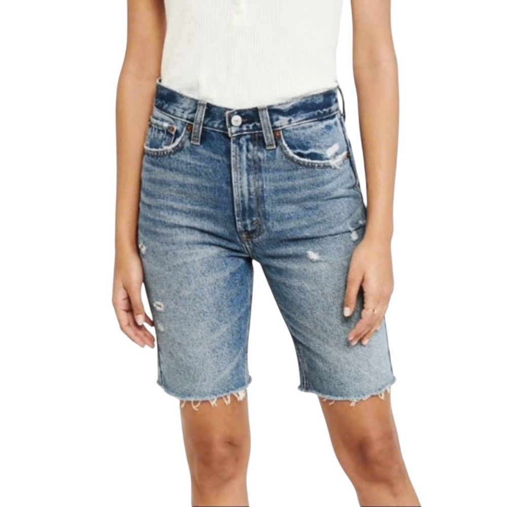 A&F Vintage Raw-Hem White-Polka-Dotted-Pastel-Pink-Lined Stretch Denim Shorts